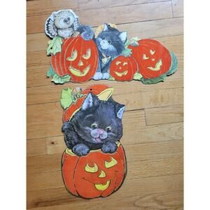 Vintage Eureka Halloween Die Cut Double Sided Flocked Pumpkins Kitten Owl Lot 2